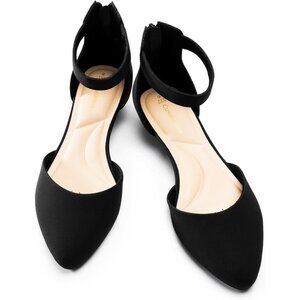 Women Black Nubuck Faux Leather Closed Toe Ankle Strap Low Wedge Heel Shoes